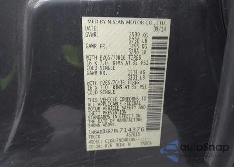 2015 Nissan Frontier Sv from USA, damaged, VIN 1N6AD0ER7FN714376